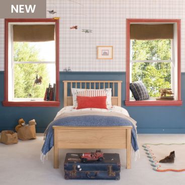 white Bowood single bed low foot end, in teal and wood bedroom