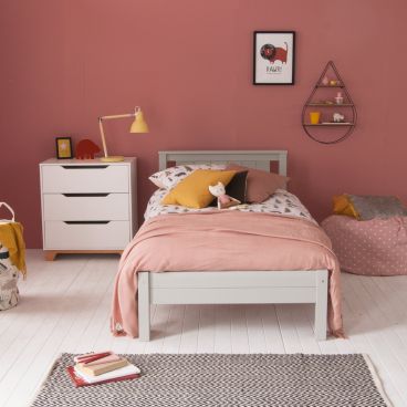 pink bedroom with Classic Beech grey single bed with low foot end 