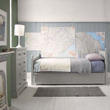 Grey luxury daybed for children, classic design, maps on wall