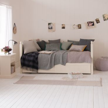 Ivory White girls daybed with sleepover and storage trundle, bedside table, white and grey room 