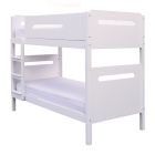 pure white modern bunk bed with fixed ladder and pill shape cut out side rails 