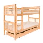 natural beech bunk bed with mattresses and fixed upright ladder and trundle underneath