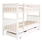 White Pip pine bunk bed with ranch ends and trundle drawer underneath and fixed, upright ladder
