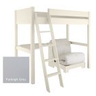Fargo loft bed with futon and corner desk cut out with Farleigh grey swatch overlayed. 