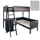 High sleeper loft bed with a sofa bed and storage desk underneath