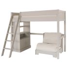 Dark Blue high sleeper bed with futon chair bed and storage cabinet underneath