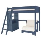 Dark Blue high sleeper bed with futon chair bed and storage cabinet underneath