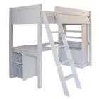grey traditional Fargo loft bed with media storage bookcase cupboard and storage desk underneath