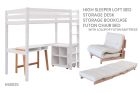 Cut out Fargo loft bed, ivory white with full length desk underneath