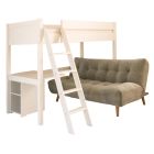 Fargo loft bed with storage desk and green sofa bed underneath. Slanted ladder.