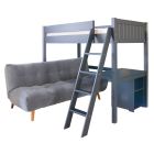 loft bunk bed with small double sofa bed underneath and storage desk in end 