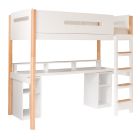 Natural and white two tone Edit loft bed with full length gaming desk, storage hutch and open pedestals for media equipment 