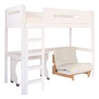 Edit high sleeper loft bed with futon chair bed and roll out desk underneath, Pure White