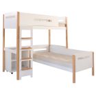 high sleeper loft bunk bed with natural beech legs and white panelling, day bed and storage underneath