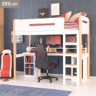 White Loft bed with lozenge cut out and natural legs. Set up as a gaming teenage  bedroom, with two screens on desk underneath and comfy gaming chair at the side