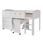 Cut out photo of white mid sleeper cabin bed with a desk and chest of drawers