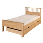 Oak single bed with low foot board and spindle headboard, with storage and sleepover trundle underneath