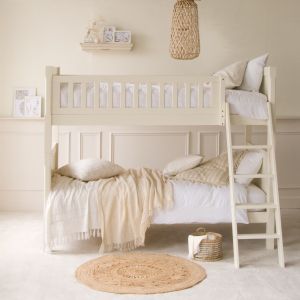 Cream, traditional bunk bed in Scandi, Japandi girls bedroom 