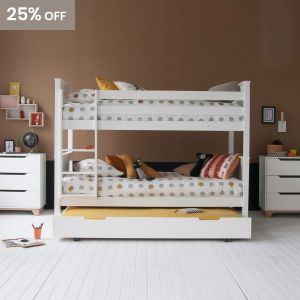 White Classic Beech bunk bed with retro styling and 2 chests of drawers. 