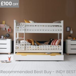 White Classic Beech bunk bed with retro styling and 2 chests of drawers. 
