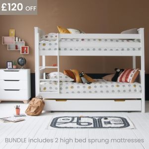 Classic Beech Bunk Bed, Trundle & Mattresses Bundle - Pure White