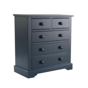 Deep blue traditional child's chest of drawers, solid and sturdy with 5 roomy drawers. classic childs bedroom.