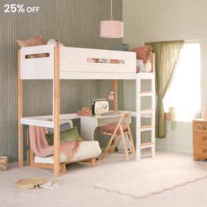 A two tone beech and white loft high sleeper bed with a futon chair, desk and study chair underneath. There are green panelled walls, a green curtain hanging at the window and a pink ceiling lampshade 