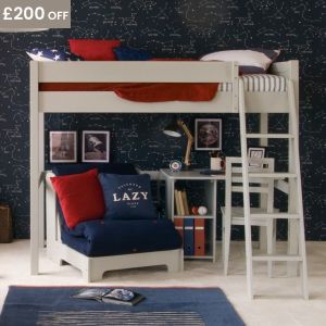 zodiac themed wallpaper with grey loft bed in front, blue futon chair and storage desk and chair to the right. Blue, red and grey bedroom scheme.