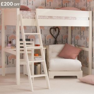 Fargo High Sleeper Loft Bed with Futon and Storage Desk in Ivory White