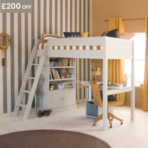 Grey high sleeper loft bed with storage desk and media bookcase underneath, in brown and blue/grey striped bedroom with mustard curtains and vintage sporting accessories.
