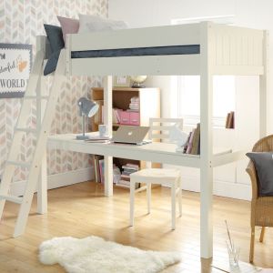 High sleeper loft bed in ivory white, with full length desk underneath the top bunk.