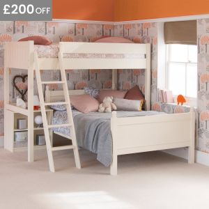 Cream large bunk bed with double bed, bookcase, tree wallpaper and orange wall, picture rail 