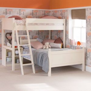 Cream large bunk bed with double bed, bookcase, tree wallpaper and orange wall, picture rail 