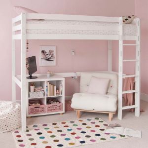 White high sleeper loft bed with fixed ladder, futon and bookcase underneath in pink girly bedroom