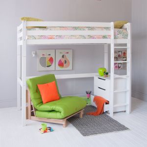 gender neutral kids bedroom with high sleeper bed, storage and desk underneath. 