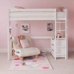 gender neutral kids bedroom with high sleeper bed, storage and desk underneath. 
