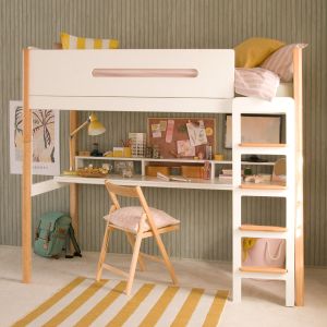 High sleeper bed with full length desk underneath with lots of art and craft projects on. memo board, lamp and computer screen too. The bed has a natural beech frame and white ends and sides.