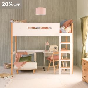 A two tone beech and white loft high sleeper bed with a futon chair, desk and study chair underneath. There are green panelled walls, a green curtain hanging at the window and a pink ceiling lampshade 