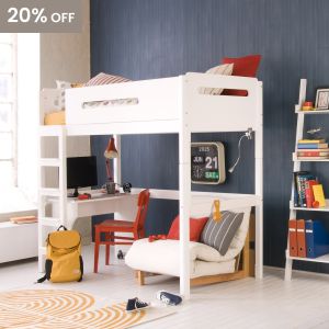 white high sleeper bed with lozenge cut out, roll out desk and futon underneath, in blue panelled older child's bedroom with mid century styled accessories and ladder shelf.
