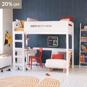 white high sleeper bed with lozenge cut out, roll out desk and futon underneath, in blue panelled older child's bedroom with mid century styled accessories and ladder shelf.