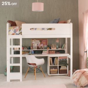 Study loft bed with desk and storage underneath in green panelled bedroom with arts and crafts on desk.