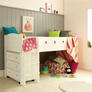 Cubix Mid sleeper bed with a chest of drawers in the end and a den under the bed 