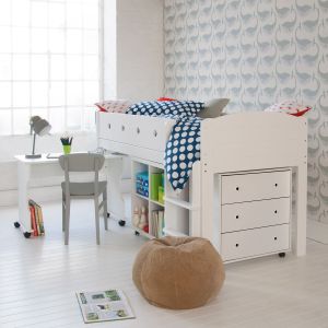 mid sleeper cabin bed with a chest of drawers, modern study desk and storage bookcase