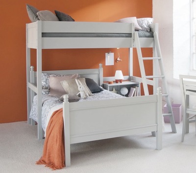 burnt orange wall and grey high sleeper bed 