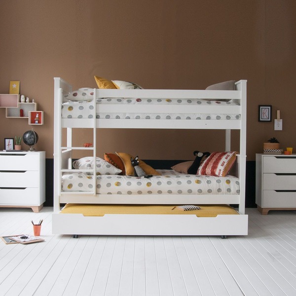 Classic Beech Bunk Bed, Pure White against brown wall