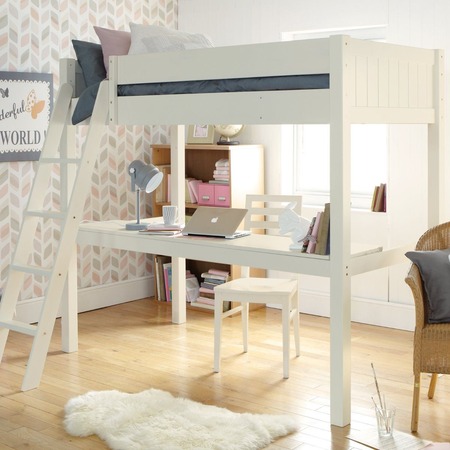 white loft bed with desk under 