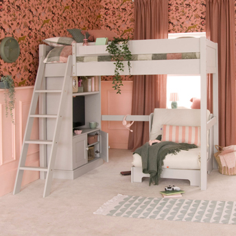 Fargo High Sleeper with media storage and futon chair 