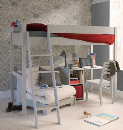 Fargo with futon and storage desk in grey dinosaur bedroom