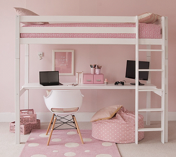 Classic beech high sleeper loft bed pink bedroom with loft bed
