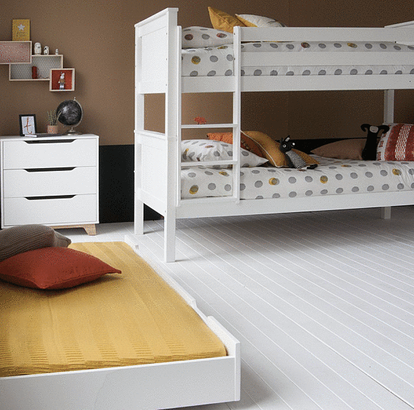 Classic beech bunk bed with trundle bed pulled out to side 